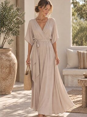 Elegant Taupe Wrap Maxi Dress with Waist Tie